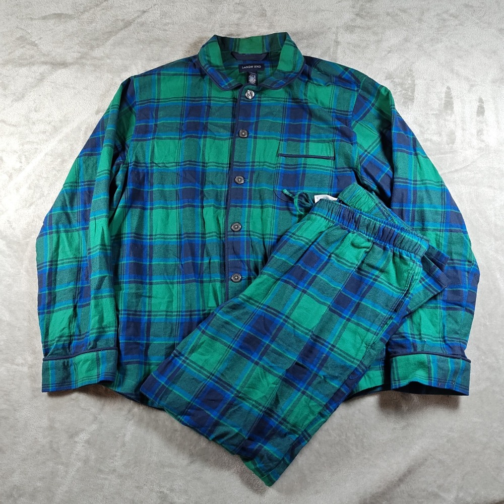 Lands End Pajama Set Mens Large Green Blue Plaid Flannel Two Piece Set Sleepwear